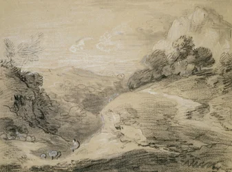Eine hügelige Landschaft mit Schäfer und Schafen
